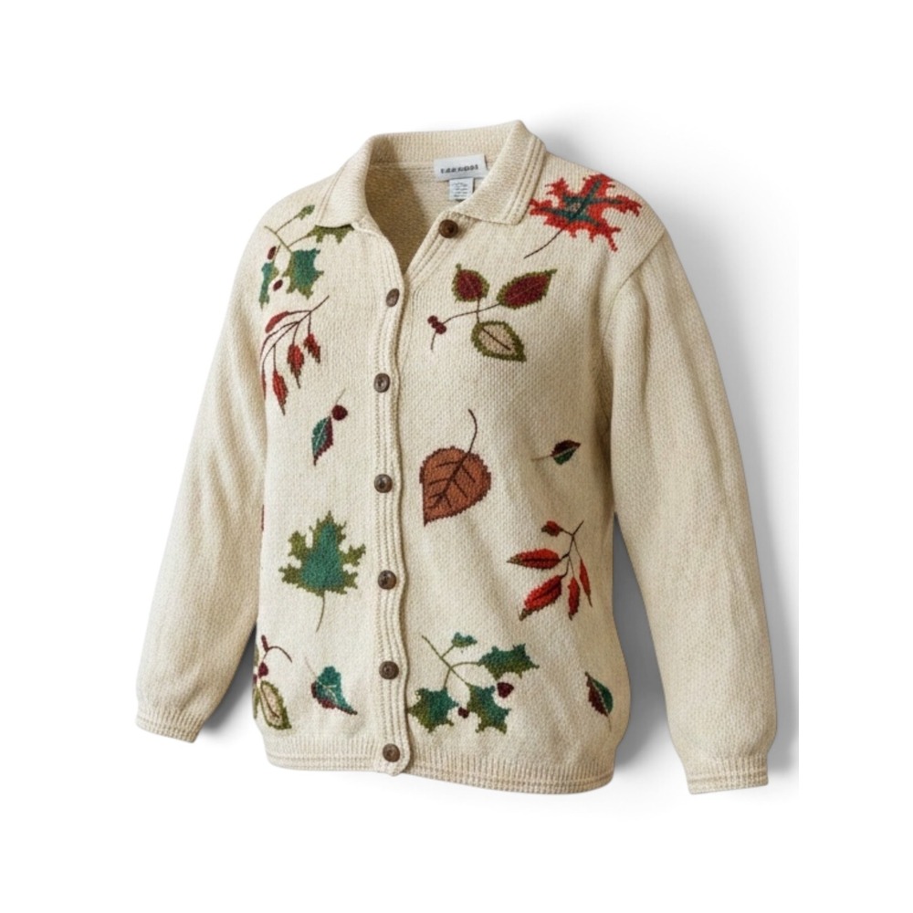 Alfred Dunner Vintage Cream Leaf Embroidered Button Front Cardigan Sweater Lg